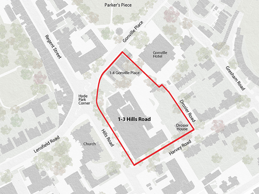 Location plan for the proposed disposal of land and buildings at 1–3 Hills Road, Cambridge